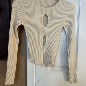 Cream Ribbed Cutout Sweater